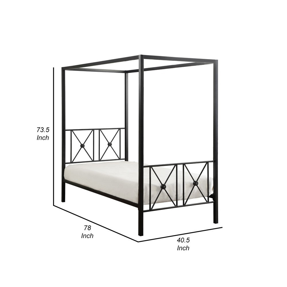 Benjara Lone Metal Canopy Bed Twin Size, Square Posts, Platform Base, Modern Black