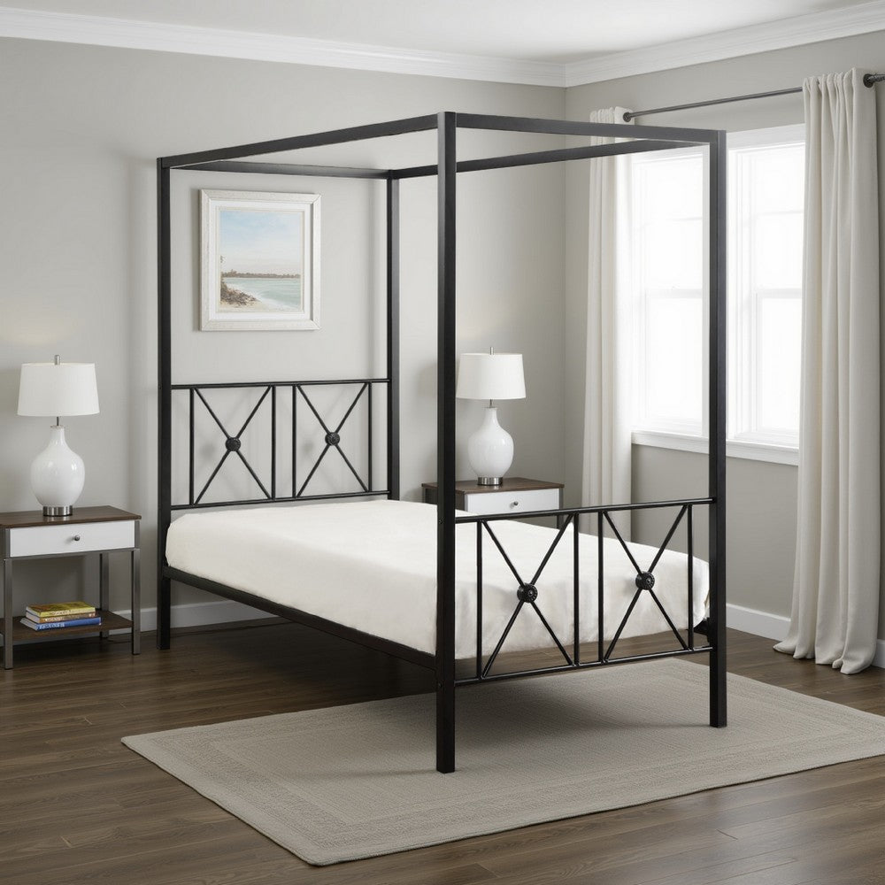 Benjara Lone Metal Canopy Bed Twin Size, Square Posts, Platform Base, Modern Black