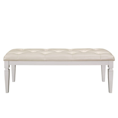 Benjara Lura 54 Inch Accent Bench, Button Tufted Foam Faux Leather, White Wood