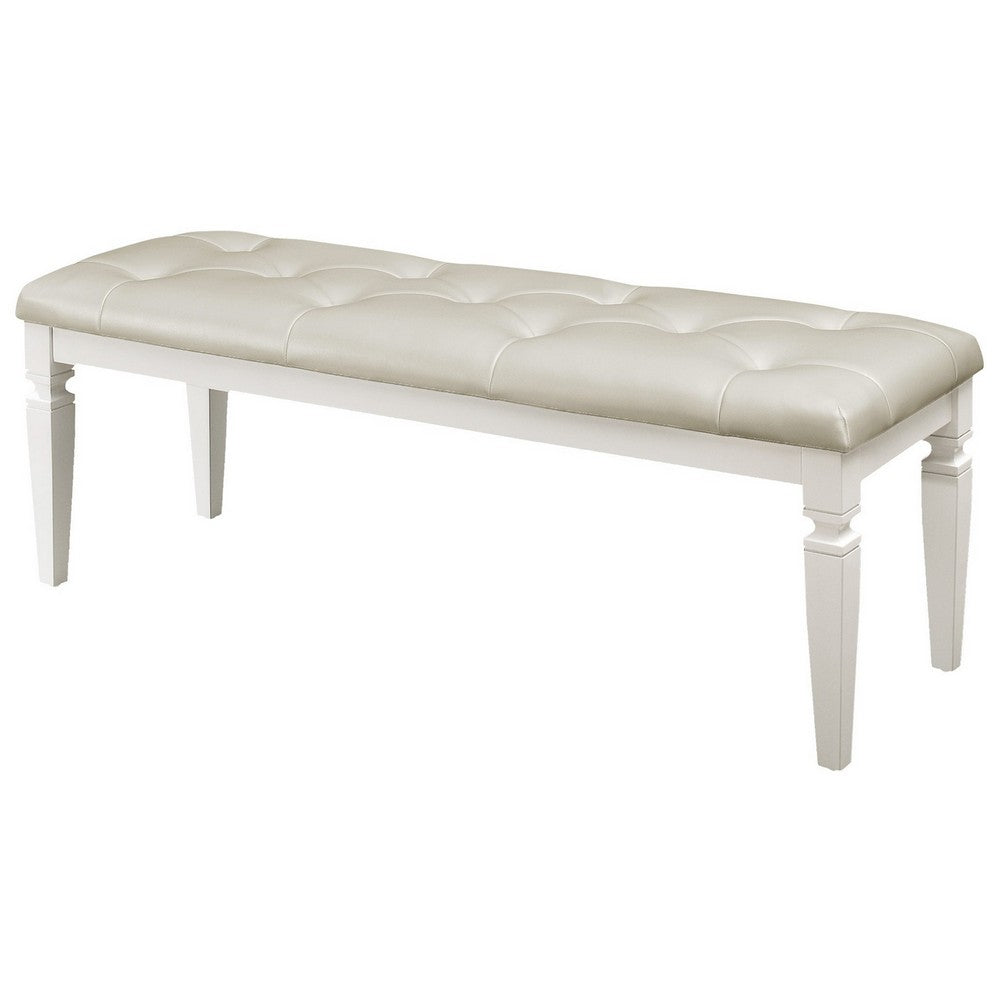 Benjara Lura 54 Inch Accent Bench, Button Tufted Foam Faux Leather, White Wood