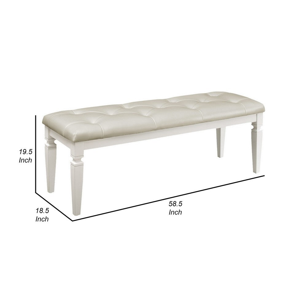 Benjara Lura 54 Inch Accent Bench, Button Tufted Foam Faux Leather, White Wood