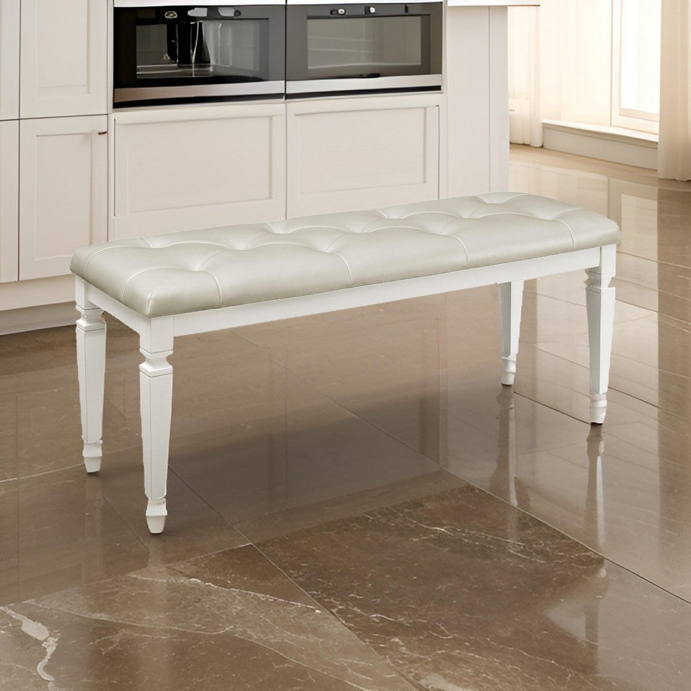 Benjara Lura 54 Inch Accent Bench, Button Tufted Foam Faux Leather, White Wood