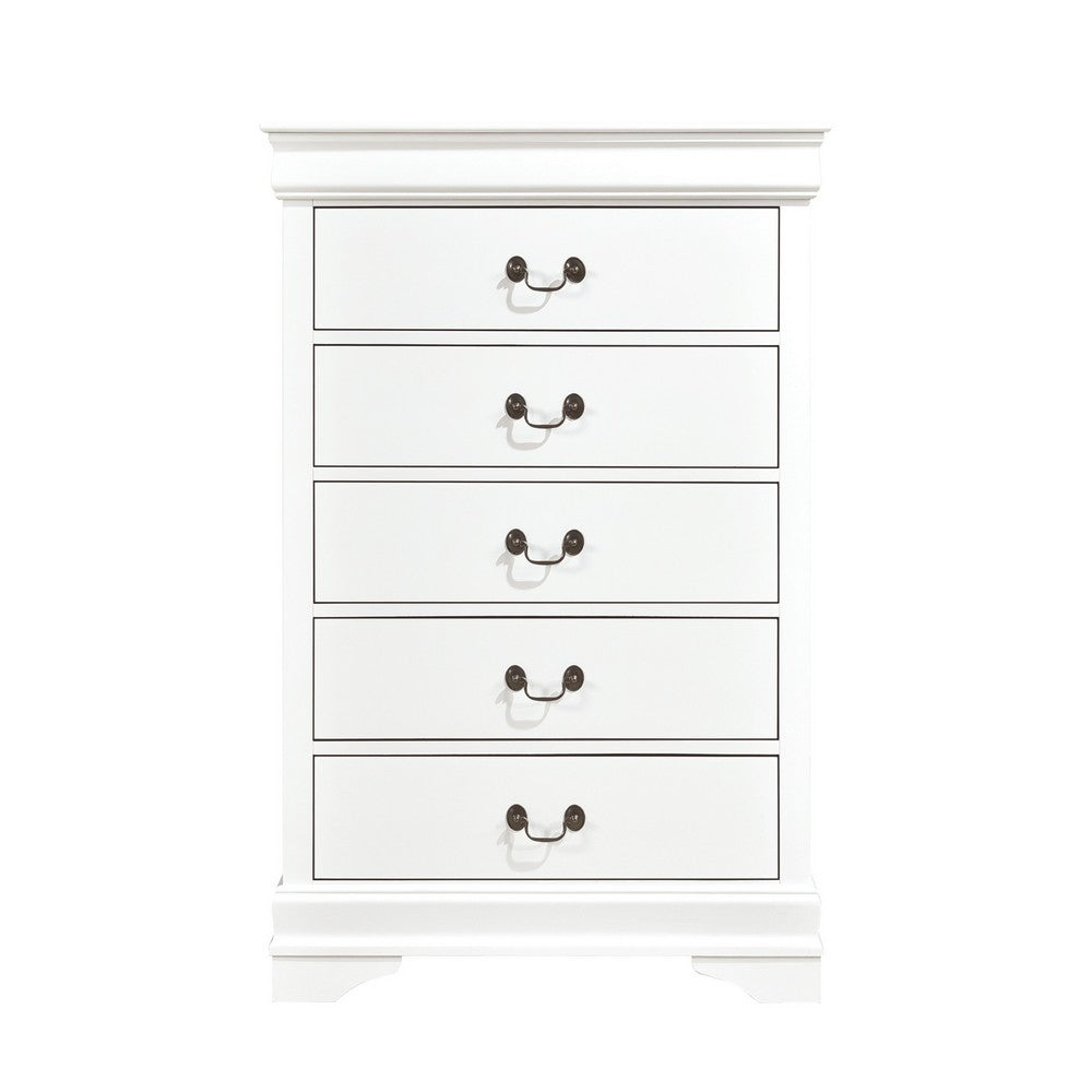 Benjara Vele 49 Inch Tall Dresser Chest, 5 Drawers, Brass Tone Metal, White Wood