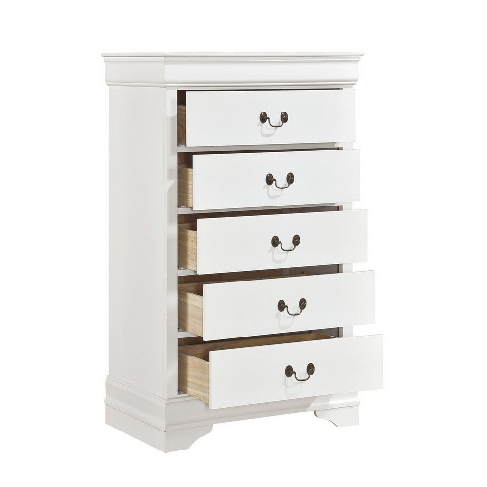 Benjara Vele 49 Inch Tall Dresser Chest, 5 Drawers, Brass Tone Metal, White Wood