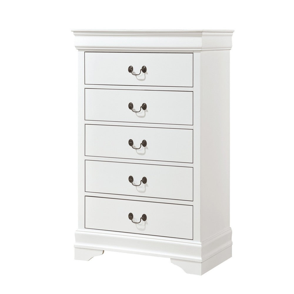 Benjara Vele 49 Inch Tall Dresser Chest, 5 Drawers, Brass Tone Metal, White Wood