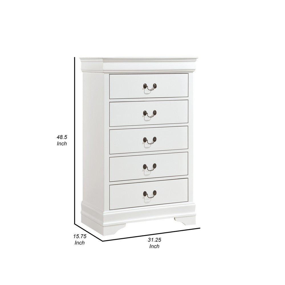 Benjara Vele 49 Inch Tall Dresser Chest, 5 Drawers, Brass Tone Metal, White Wood