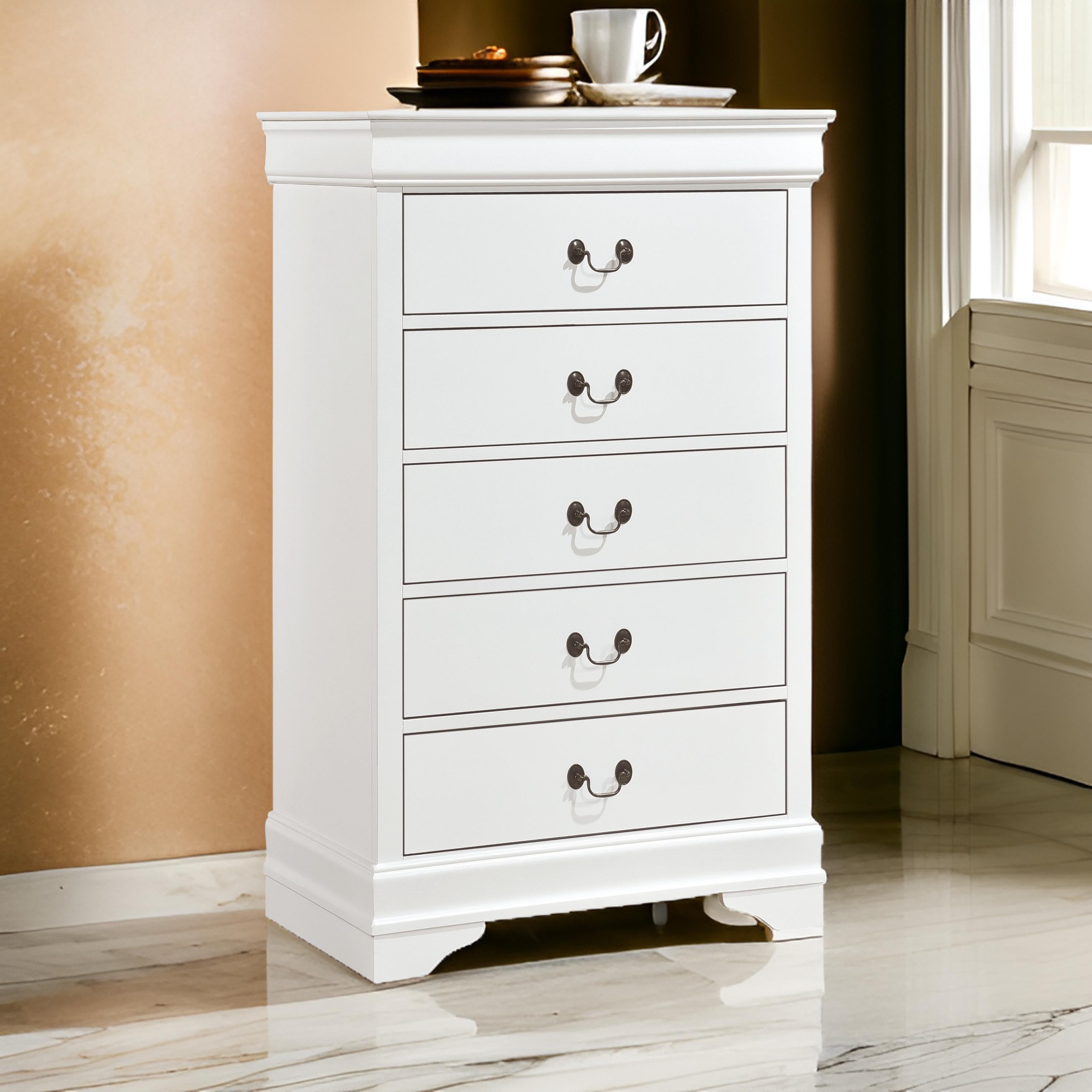 Benjara Vele 49 Inch Tall Dresser Chest, 5 Drawers, Brass Tone Metal, White Wood