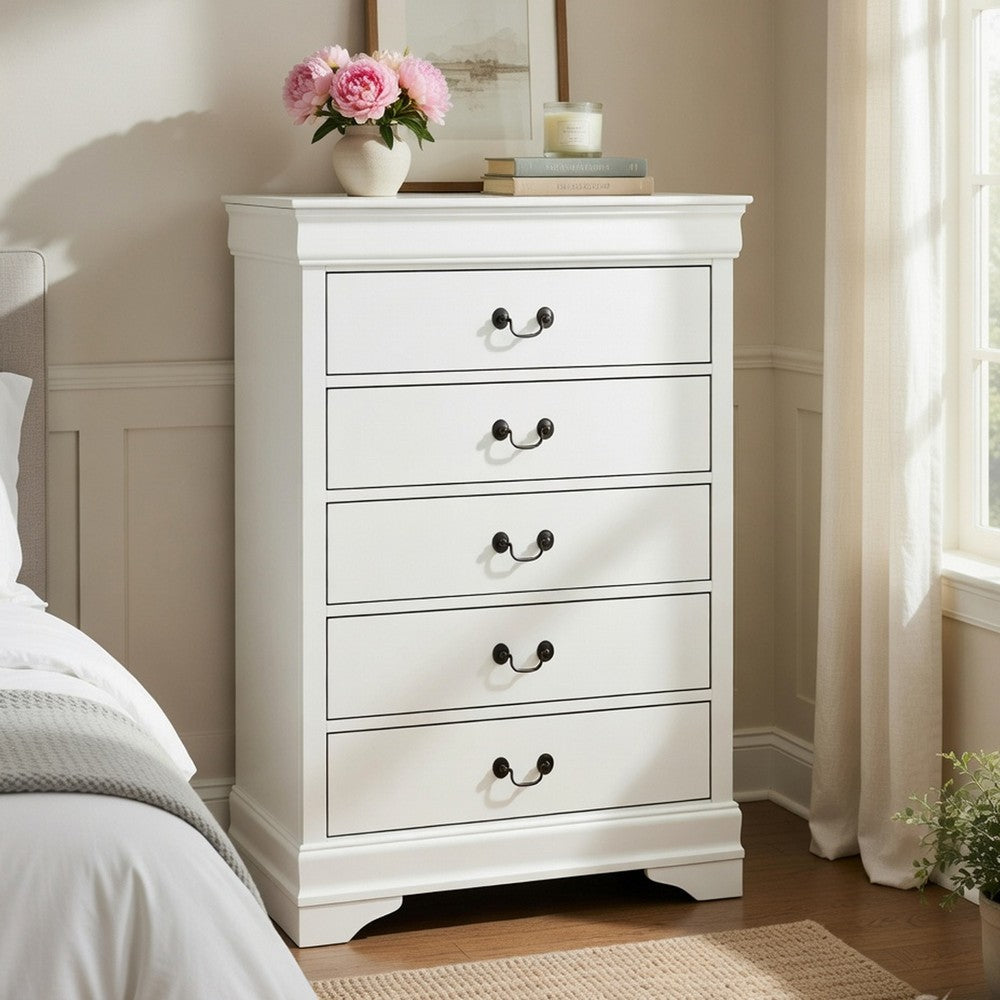 Benjara Vele 49 Inch Tall Dresser Chest, 5 Drawers, Brass Tone Metal, White Wood