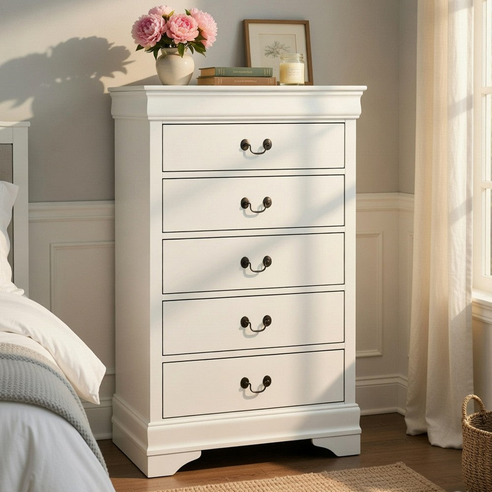 Benjara Vele 49 Inch Tall Dresser Chest, 5 Drawers, Brass Tone Metal, White Wood