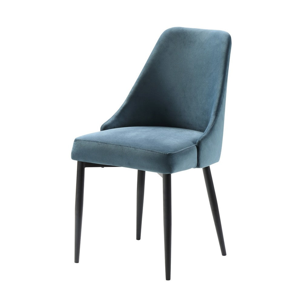 Benjara Gene 19 Inch Side Dining Chairs Set of 2, Tall Curved Back, Blue Velvet, Black Metal
