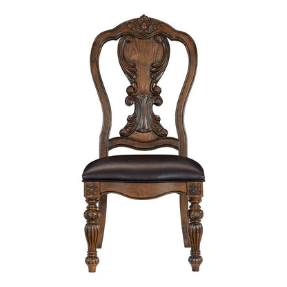 Benjara Devi 22 Inch Side Dining Chair Set of 2, Cutout Carved Back, Brown Faux Leather