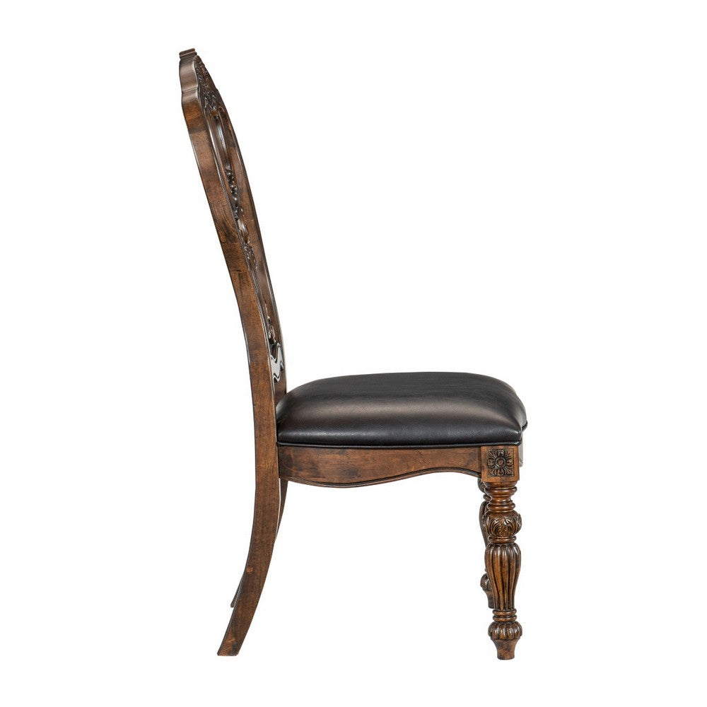Benjara Devi 22 Inch Side Dining Chair Set of 2, Cutout Carved Back, Brown Faux Leather