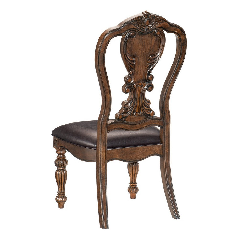 Benjara Devi 22 Inch Side Dining Chair Set of 2, Cutout Carved Back, Brown Faux Leather