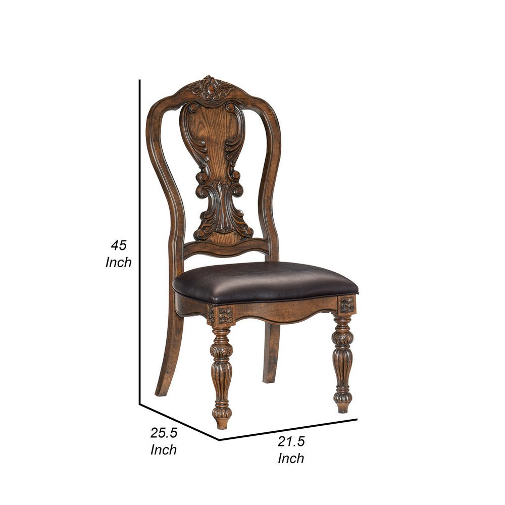 Benjara Devi 22 Inch Side Dining Chair Set of 2, Cutout Carved Back, Brown Faux Leather
