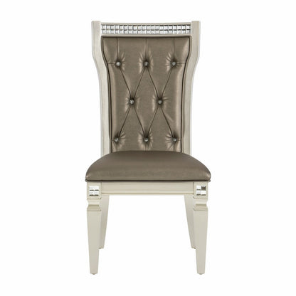 Benjara Juhi 21 Inch Side Dining Chairs Set of 2, Mirror Trim Frame, Tufted Gray Faux Leather