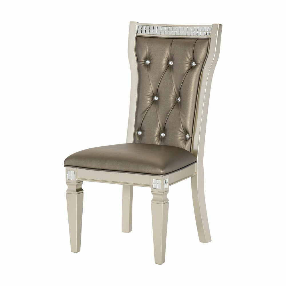 Benjara Juhi 21 Inch Side Dining Chairs Set of 2, Mirror Trim Frame, Tufted Gray Faux Leather