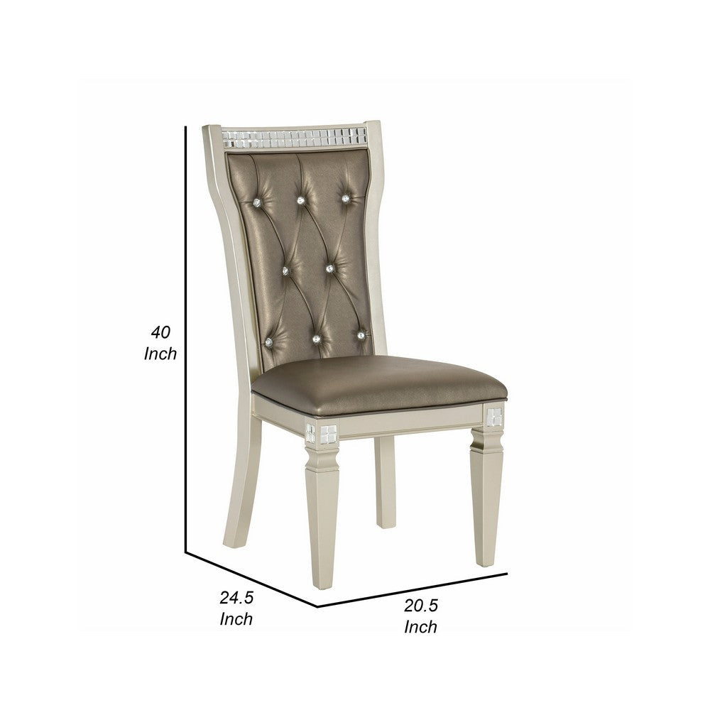 Benjara Juhi 21 Inch Side Dining Chairs Set of 2, Mirror Trim Frame, Tufted Gray Faux Leather