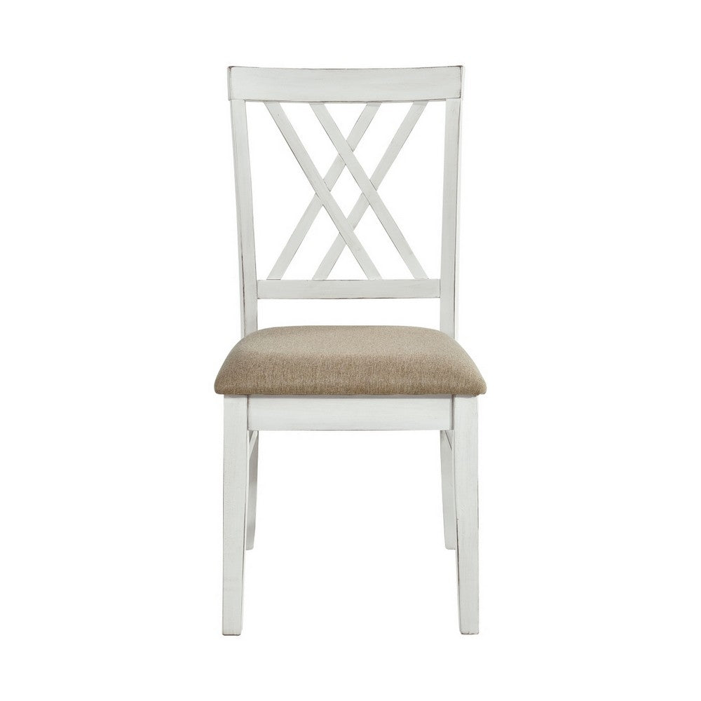 Benjara Hyna 19 Inch Side Dining Chairs Set of 2, X Cross Back, Khaki Seat, Farmhouse White