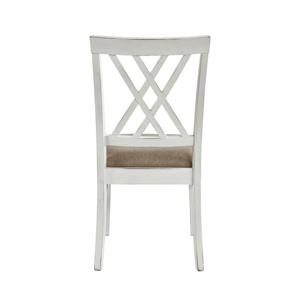 Benjara Hyna 19 Inch Side Dining Chairs Set of 2, X Cross Back, Khaki Seat, Farmhouse White