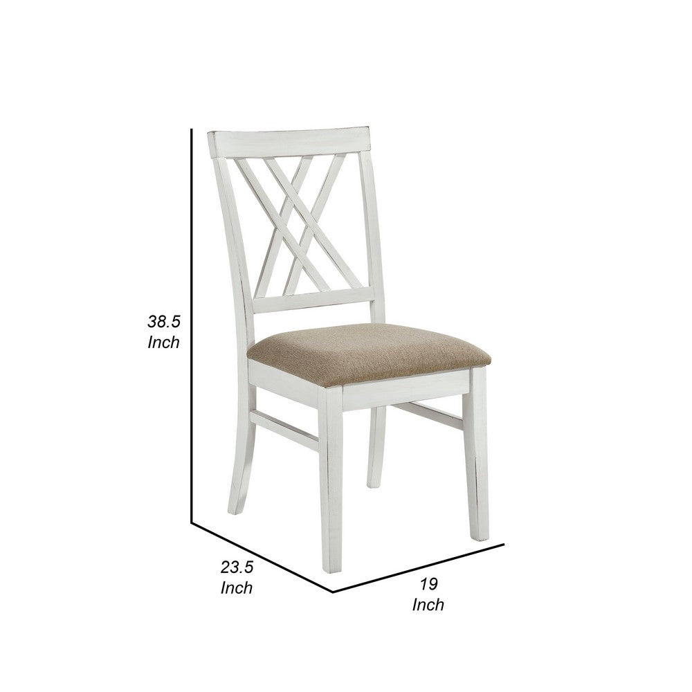 Benjara Hyna 19 Inch Side Dining Chairs Set of 2, X Cross Back, Khaki Seat, Farmhouse White