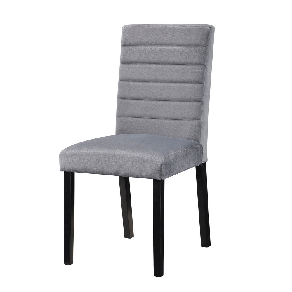 Benjara Andy 18 Inch Side Dining Chairs Set of 2, Channel Tufted Gray Velvet, Black Wood
