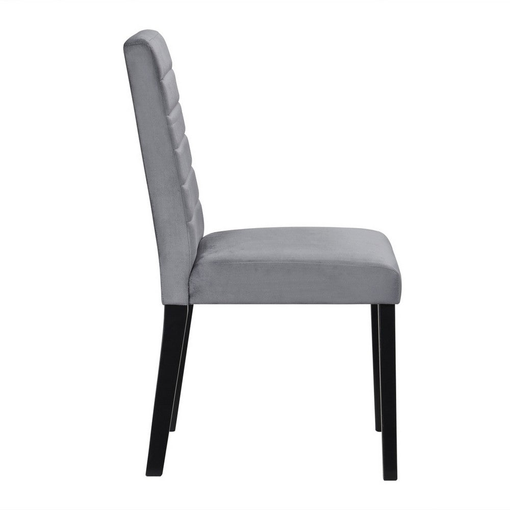 Benjara Andy 18 Inch Side Dining Chairs Set of 2, Channel Tufted Gray Velvet, Black Wood