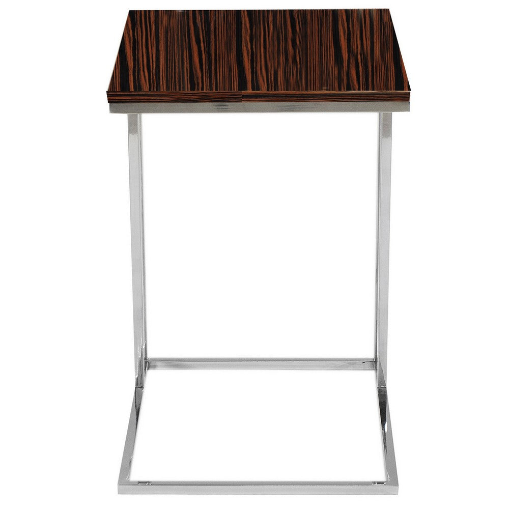 Benjara Zen 23 Inch Side Table, Rectangular Tray Top, C Shape Chrome, Ebony Brown