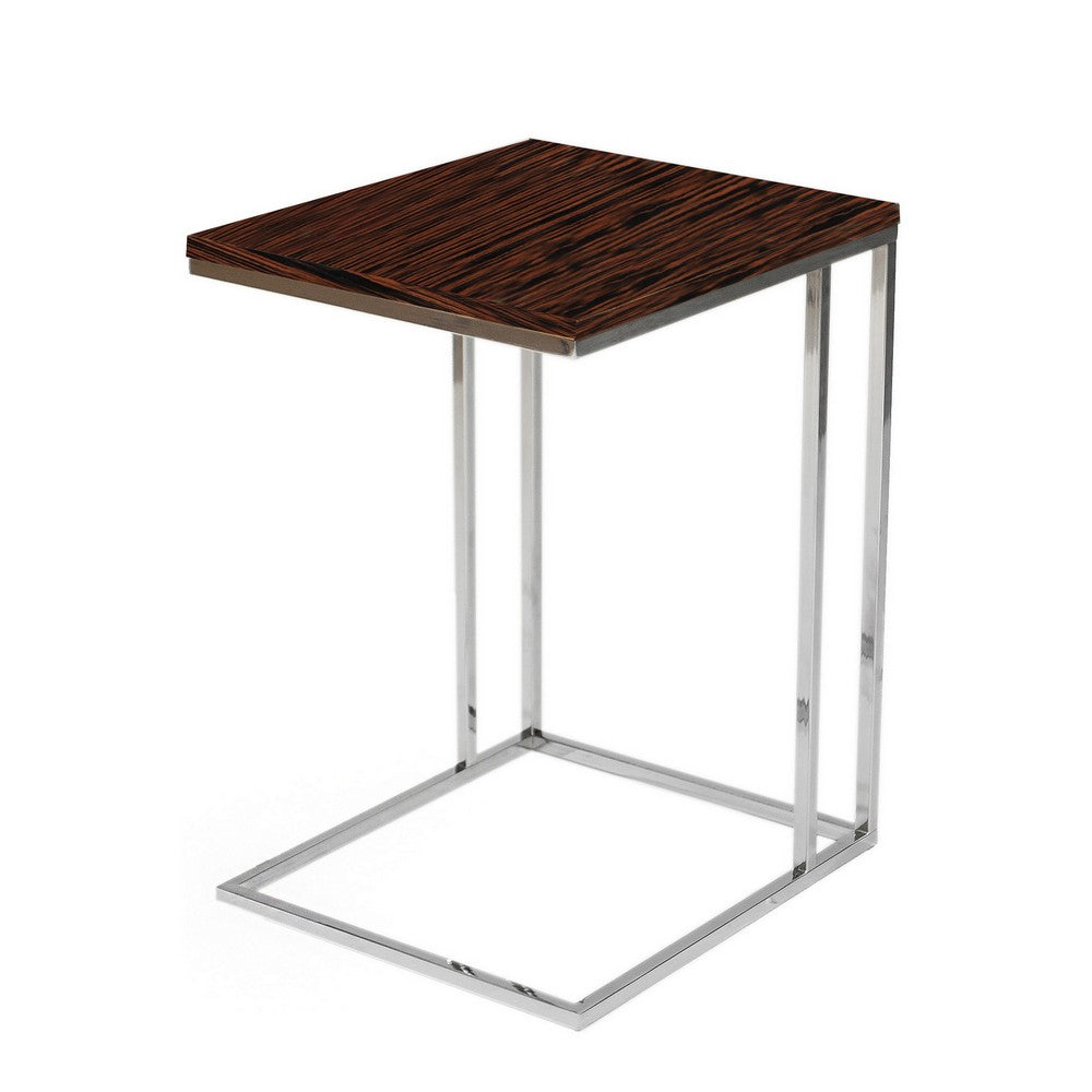 Benjara Zen 23 Inch Side Table, Rectangular Tray Top, C Shape Chrome, Ebony Brown