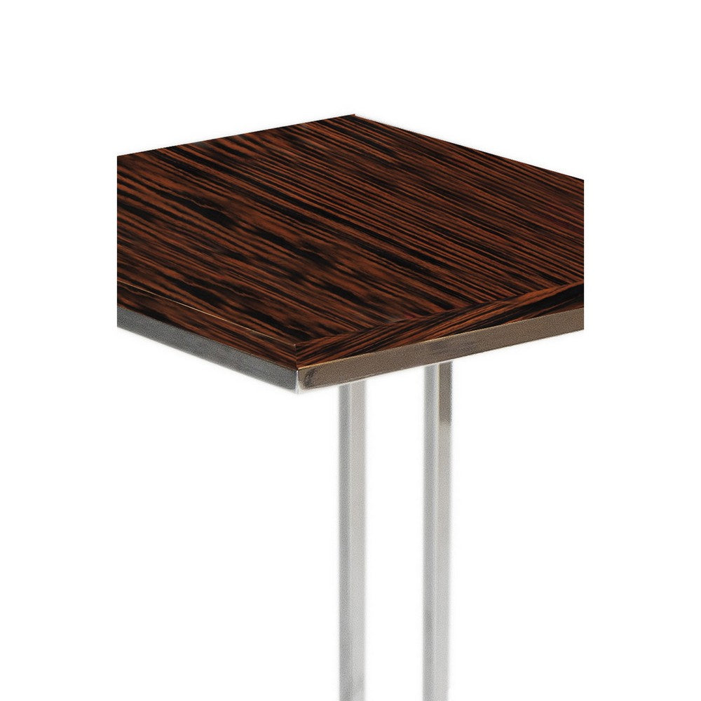 Benjara Zen 23 Inch Side Table, Rectangular Tray Top, C Shape Chrome, Ebony Brown