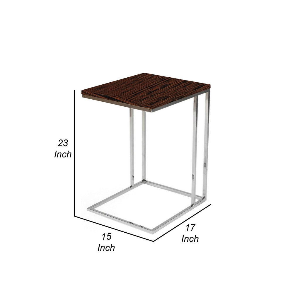 Benjara Zen 23 Inch Side Table, Rectangular Tray Top, C Shape Chrome, Ebony Brown