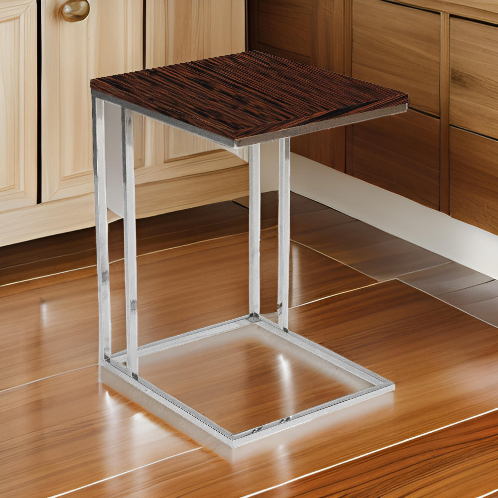 Benjara Zen 23 Inch Side Table, Rectangular Tray Top, C Shape Chrome, Ebony Brown