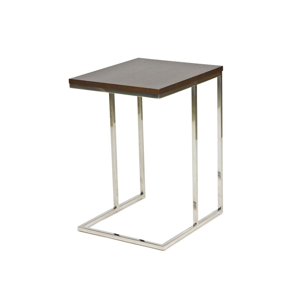 Benjara Zen 23 Inch Side Table, Espresso Brown Rectangular Tray Top, C Shape Chrome