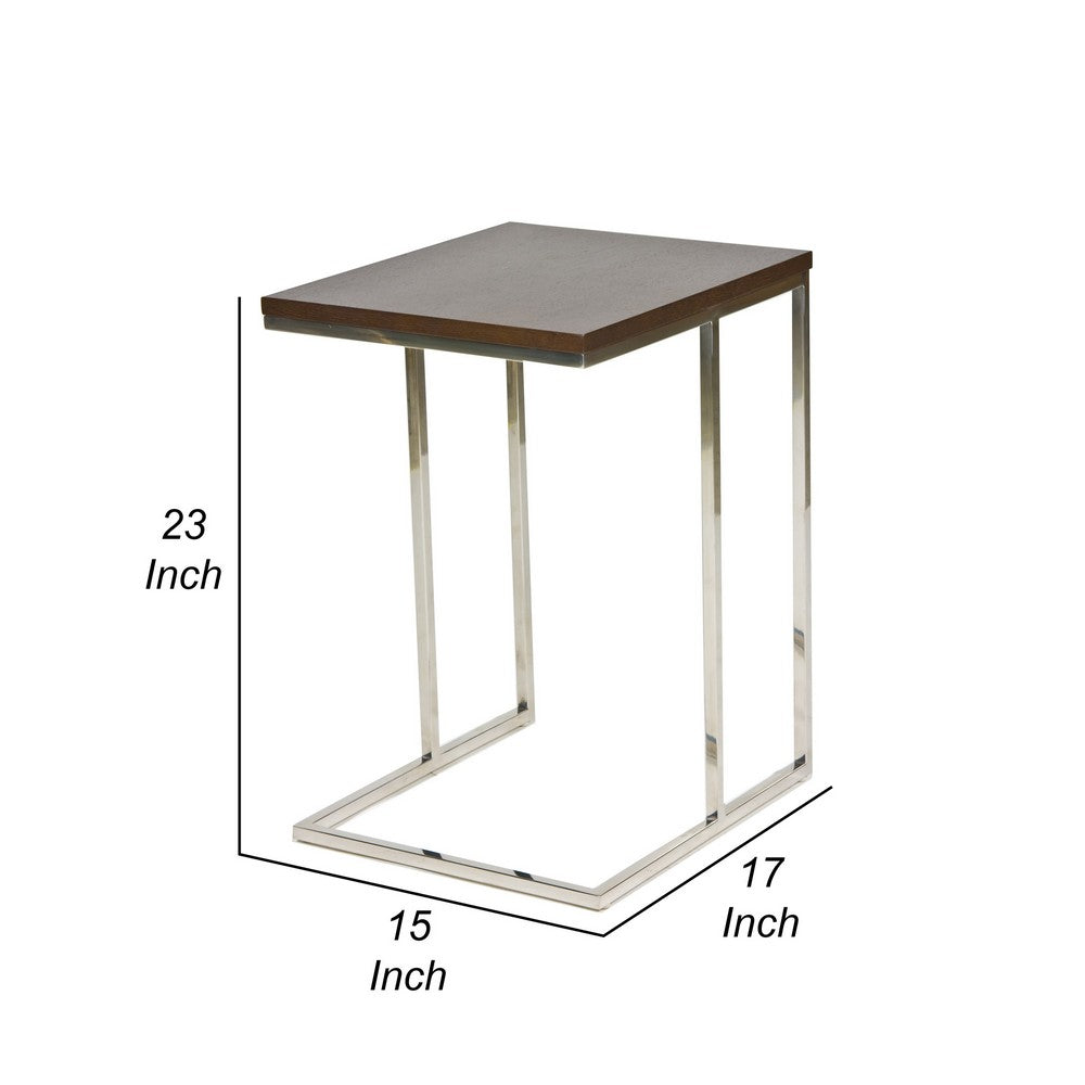 Benjara Zen 23 Inch Side Table, Espresso Brown Rectangular Tray Top, C Shape Chrome