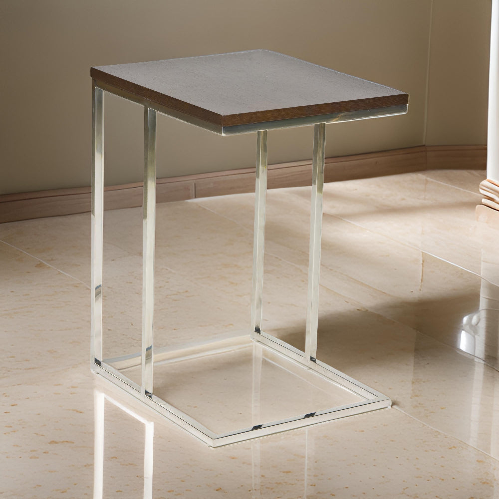 Benjara Zen 23 Inch Side Table, Espresso Brown Rectangular Tray Top, C Shape Chrome