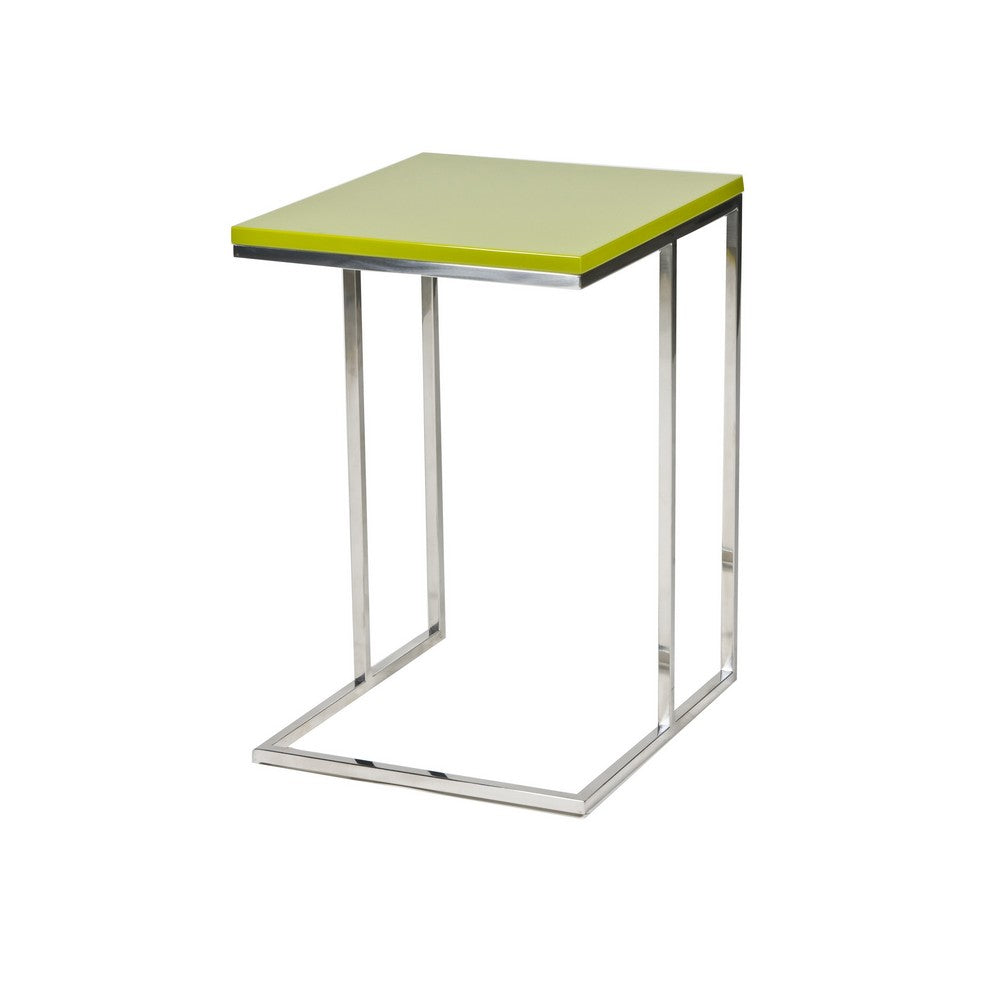 Benjara Zen 23 Inch Side Table, Rectangular Tray Top, C Shape Chrome Frame, Green
