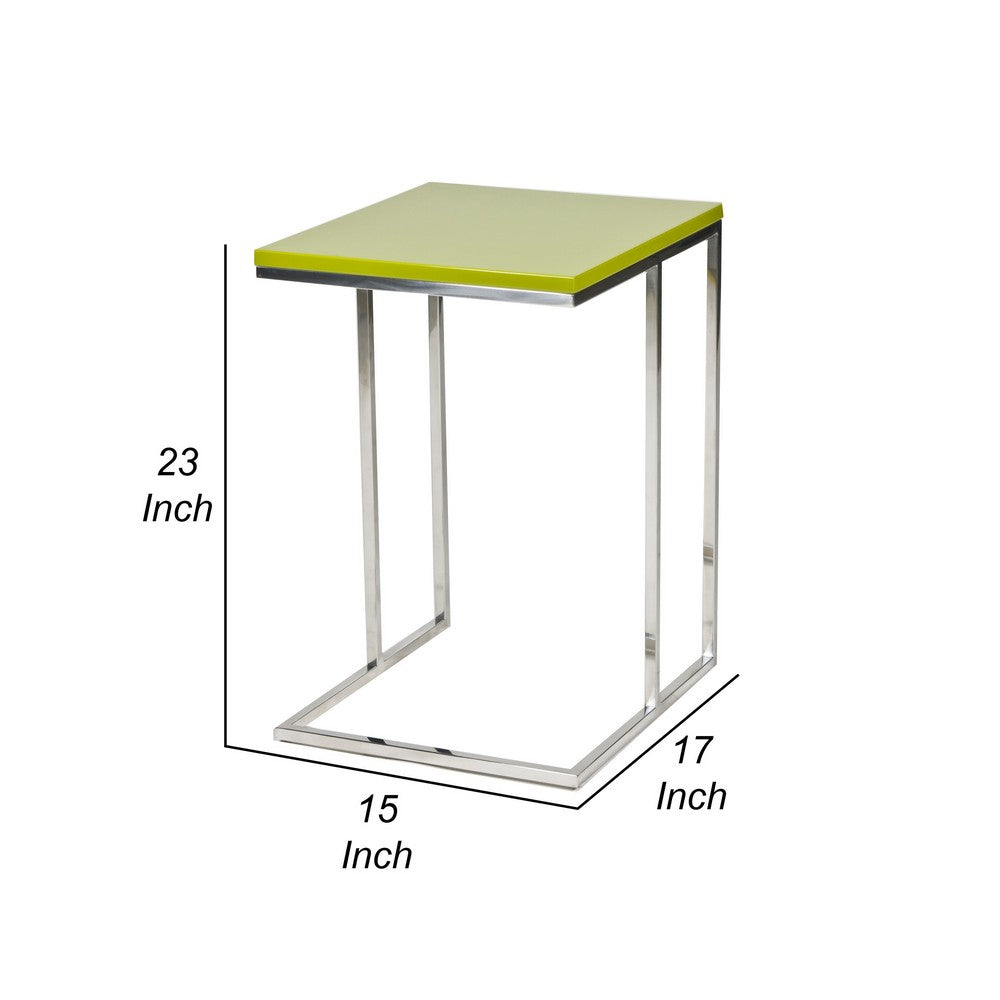Benjara Zen 23 Inch Side Table, Rectangular Tray Top, C Shape Chrome Frame, Green