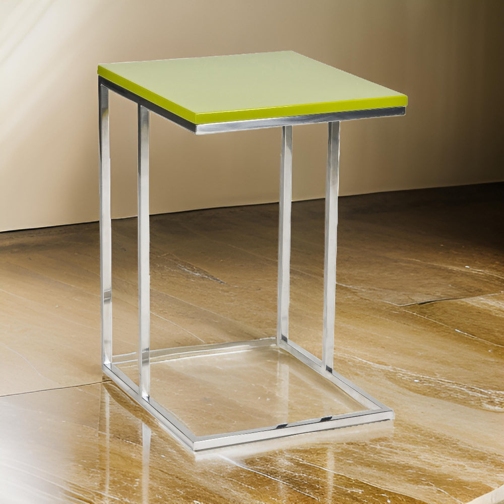 Benjara Zen 23 Inch Side Table, Rectangular Tray Top, C Shape Chrome Frame, Green
