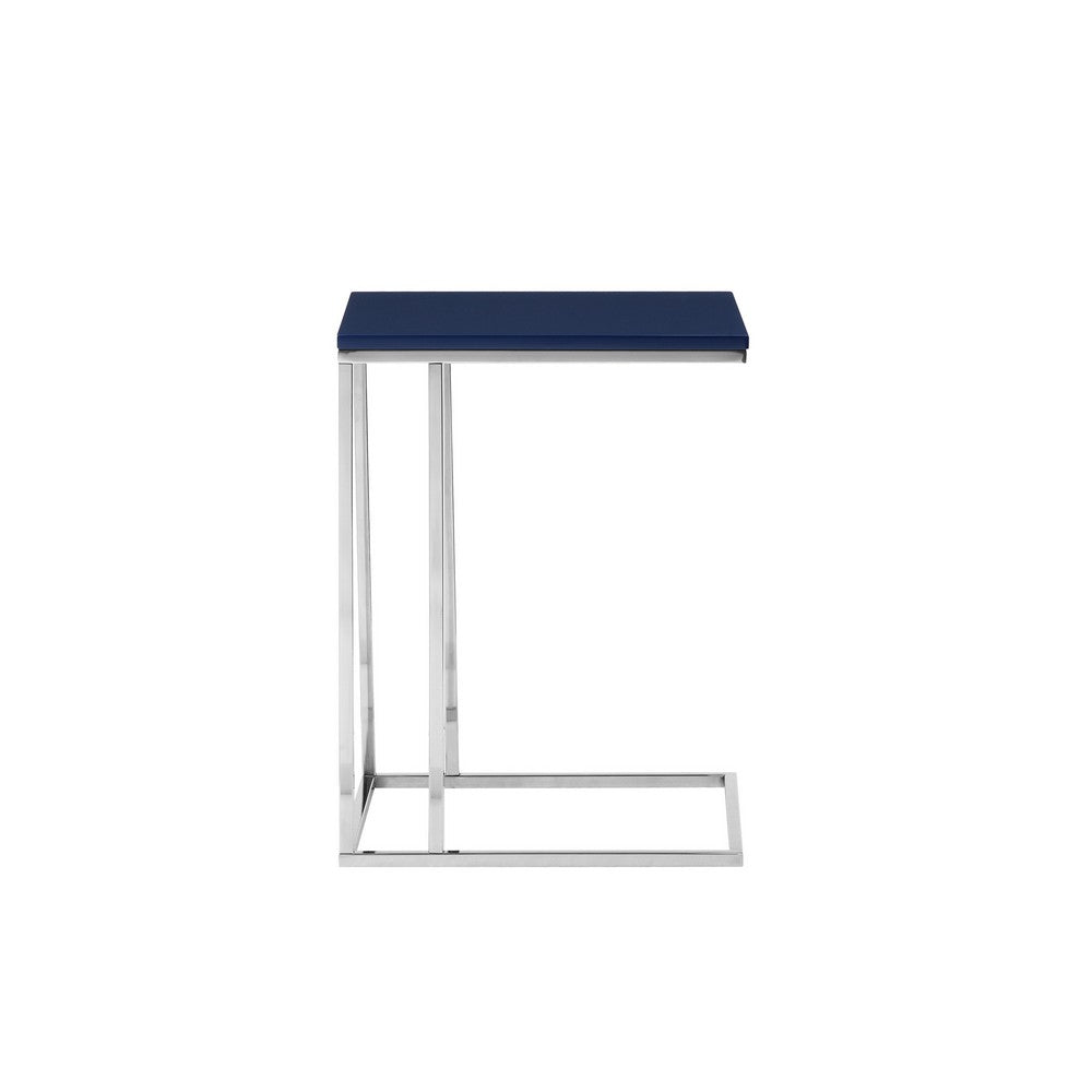 Benjara Zen 23 Inch Side Table, Rectangular Tray Top, C Shape Chrome, Navy Blue