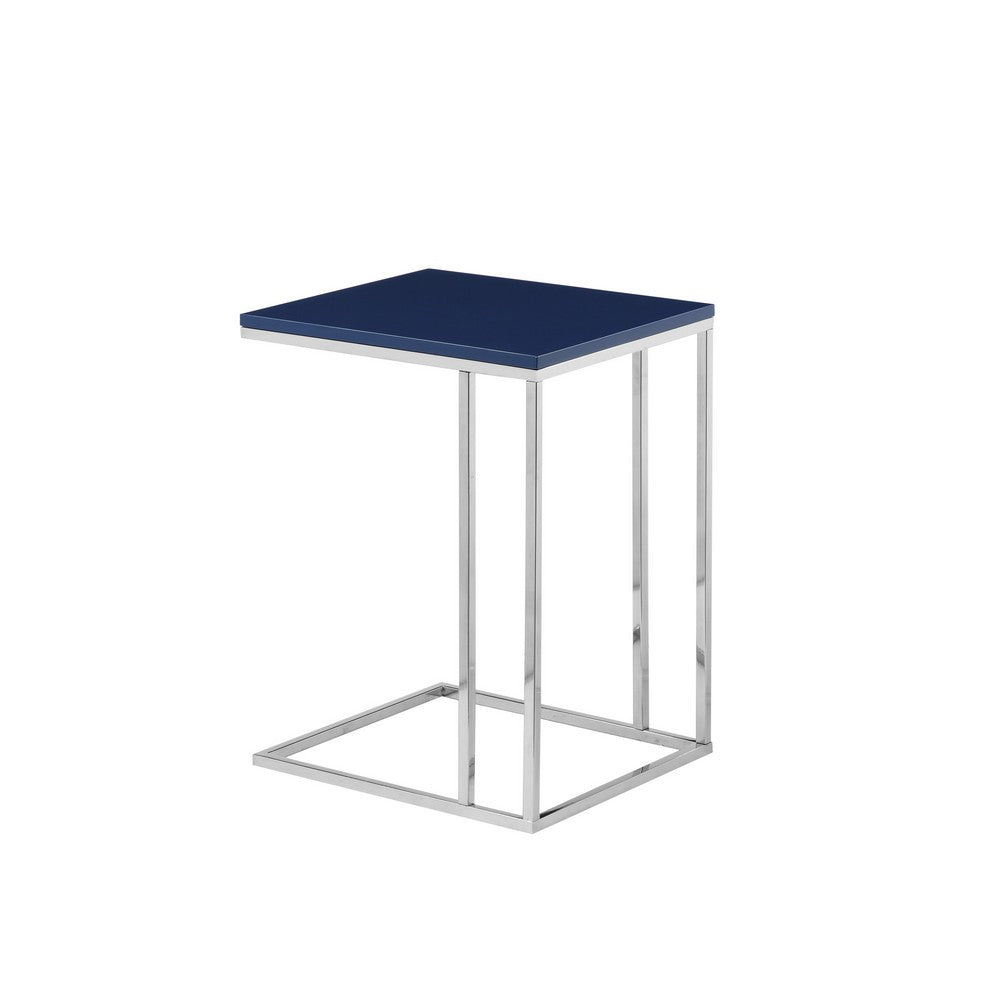Benjara Zen 23 Inch Side Table, Rectangular Tray Top, C Shape Chrome, Navy Blue