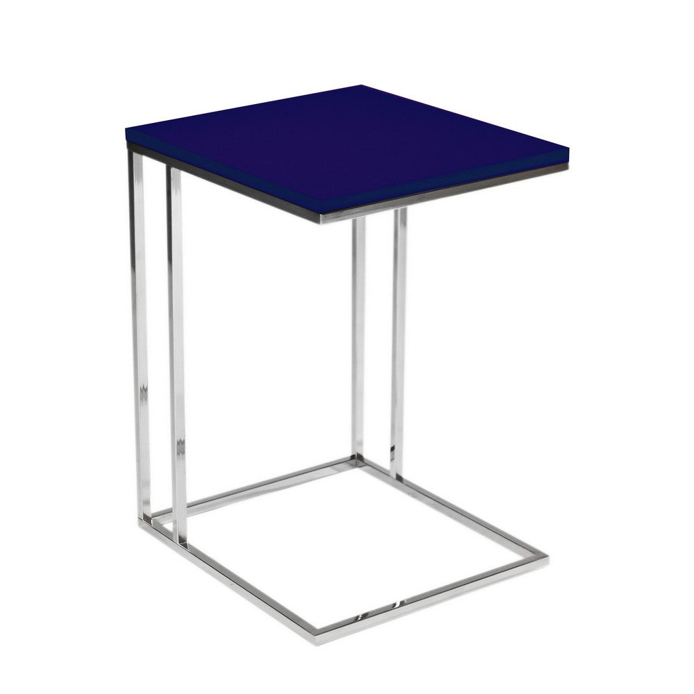 Benjara Zen 23 Inch Side Table, Rectangular Tray Top, C Shape Chrome, Navy Blue