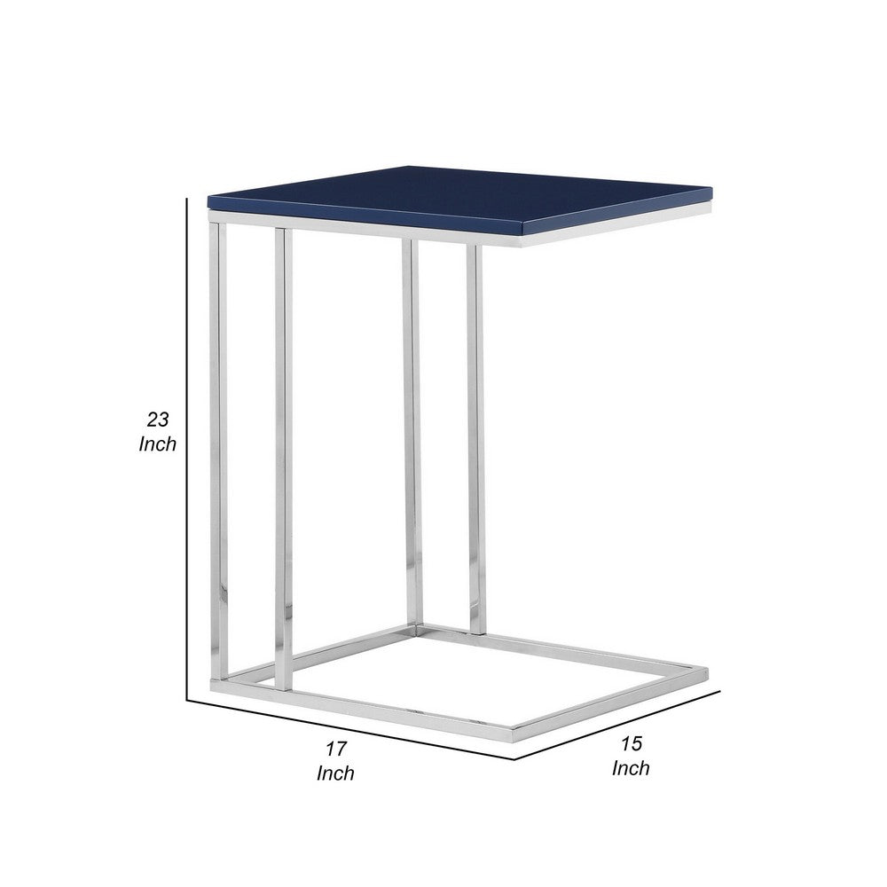 Benjara Zen 23 Inch Side Table, Rectangular Tray Top, C Shape Chrome, Navy Blue