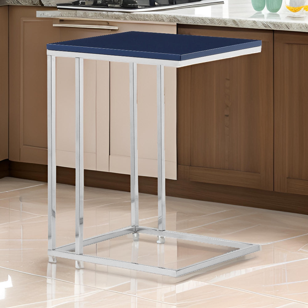 Benjara Zen 23 Inch Side Table, Rectangular Tray Top, C Shape Chrome, Navy Blue