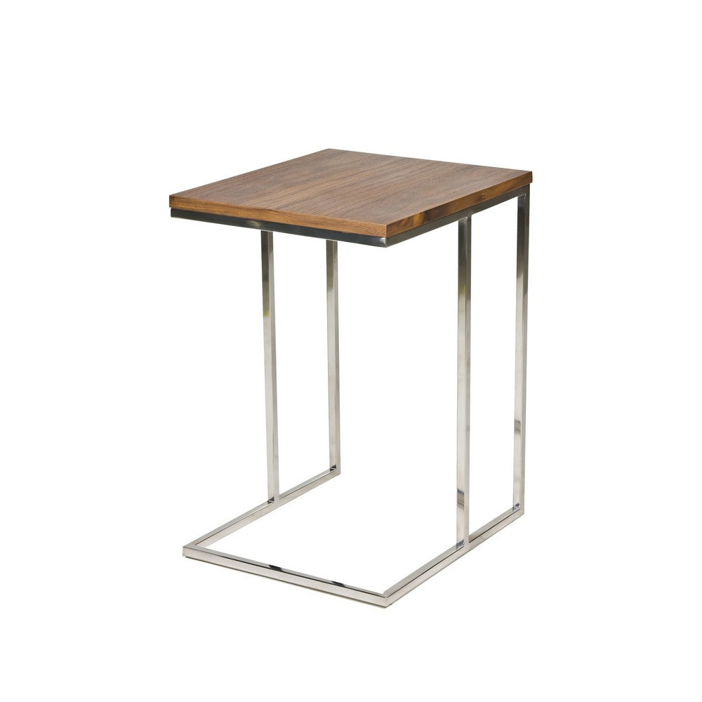 Benjara Zen 23 Inch Side Table, Rectangular Tray Top, C Shape Chrome, Walnut Brown