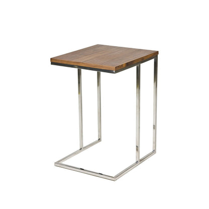 Benjara Zen 23 Inch Side Table, Rectangular Tray Top, C Shape Chrome, Walnut Brown