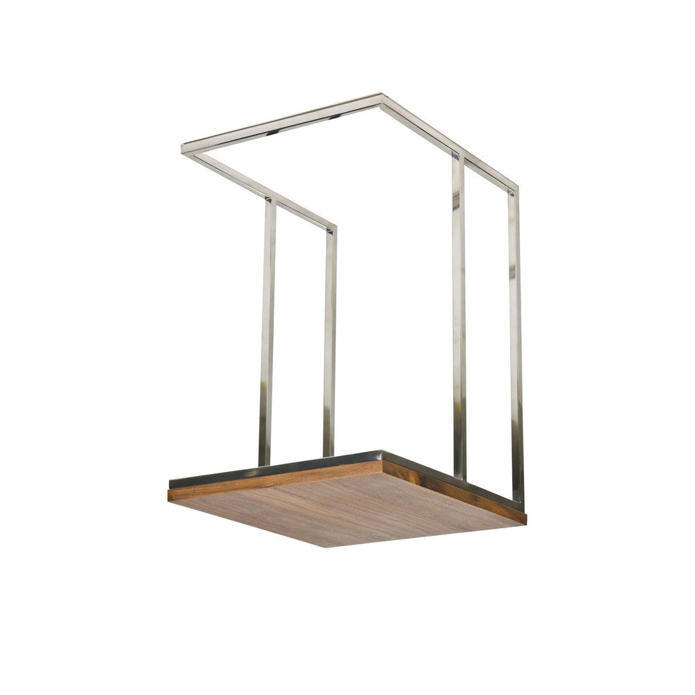 Benjara Zen 23 Inch Side Table, Rectangular Tray Top, C Shape Chrome, Walnut Brown