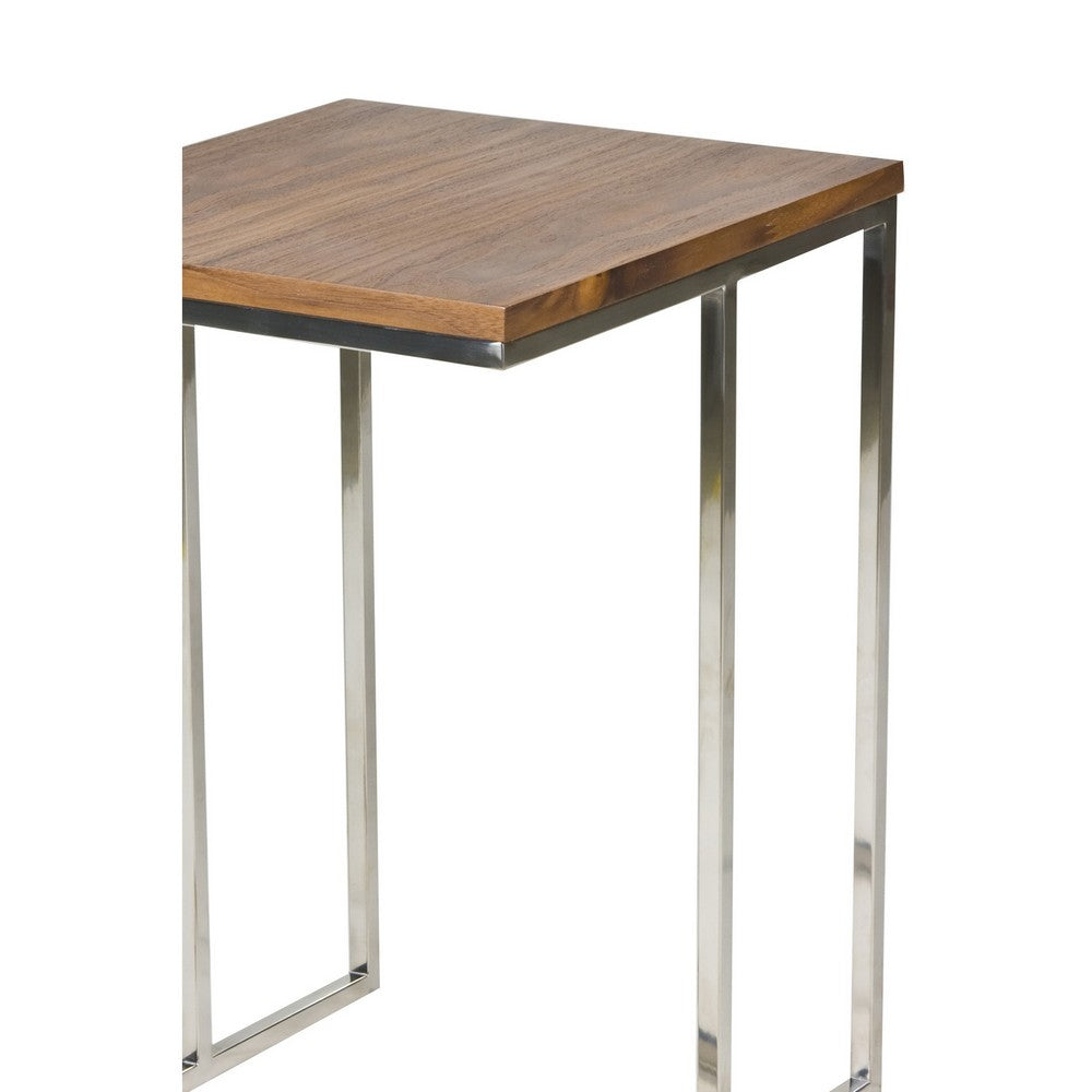 Benjara Zen 23 Inch Side Table, Rectangular Tray Top, C Shape Chrome, Walnut Brown