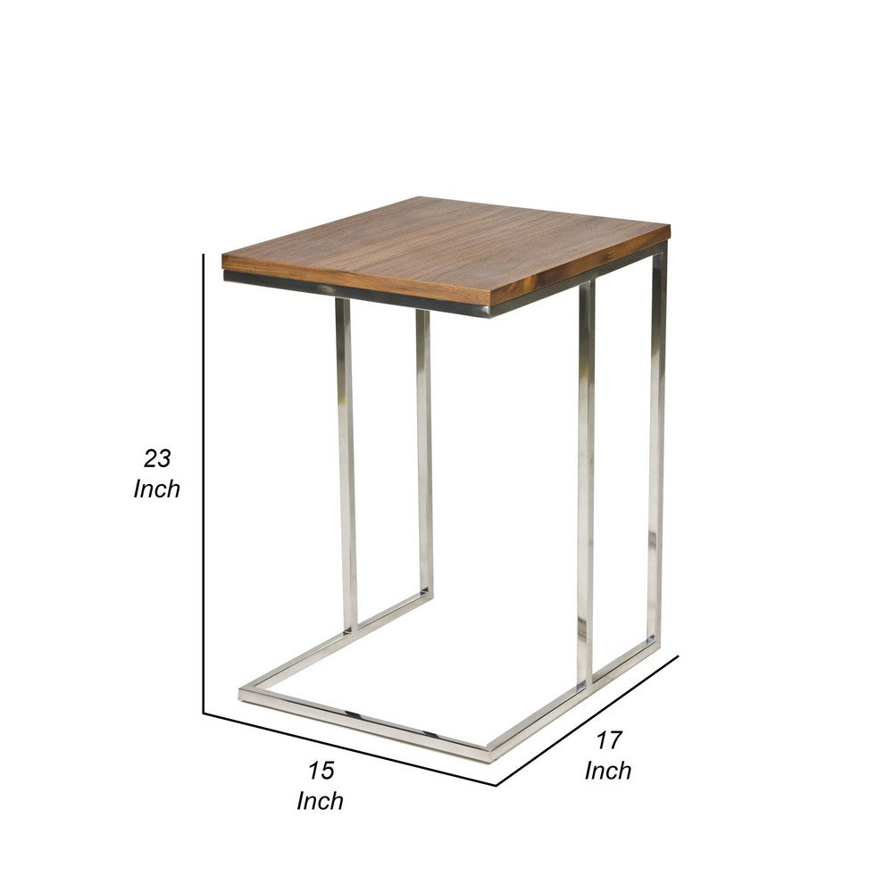 Benjara Zen 23 Inch Side Table, Rectangular Tray Top, C Shape Chrome, Walnut Brown