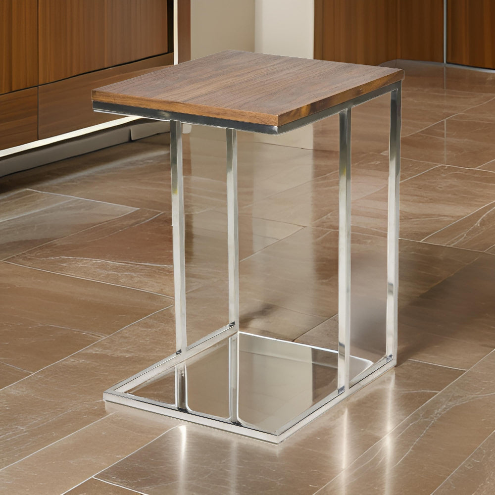 Benjara Zen 23 Inch Side Table, Rectangular Tray Top, C Shape Chrome, Walnut Brown