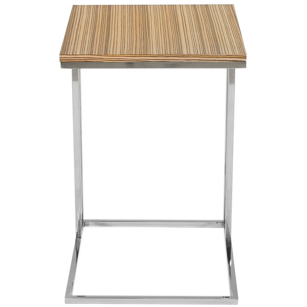 Benjara Zen 23 Inch Side Table, Rectangular Tray Top, C Chrome Frame, Zebrano Brown