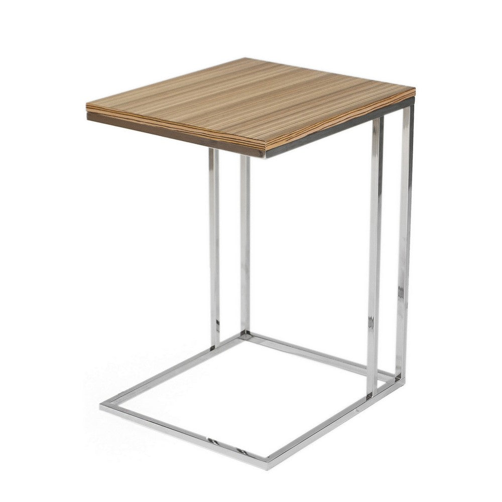 Benjara Zen 23 Inch Side Table, Rectangular Tray Top, C Chrome Frame, Zebrano Brown